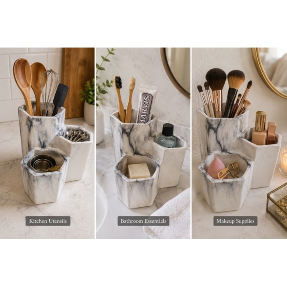 Marble Pattern Resin Hexagon Organizer Tiered Makeup Brush Holder Vanity Decor